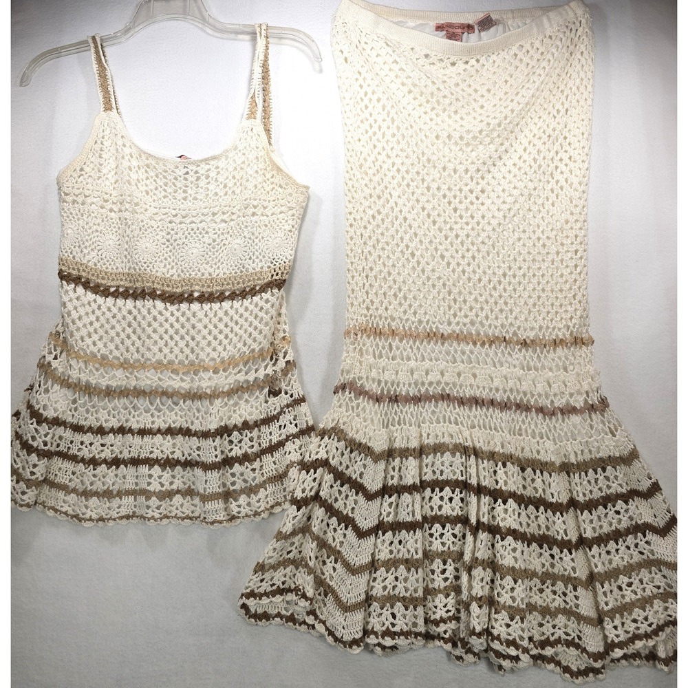 Bandolino Crochet 2 Piece Set Camisole Top and Midi Skirt Cream Brown Boho L XL